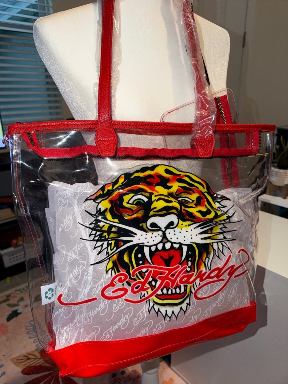 Ed Hardy Clear Tote with Red Trim and Multicolor Tiger Graphic